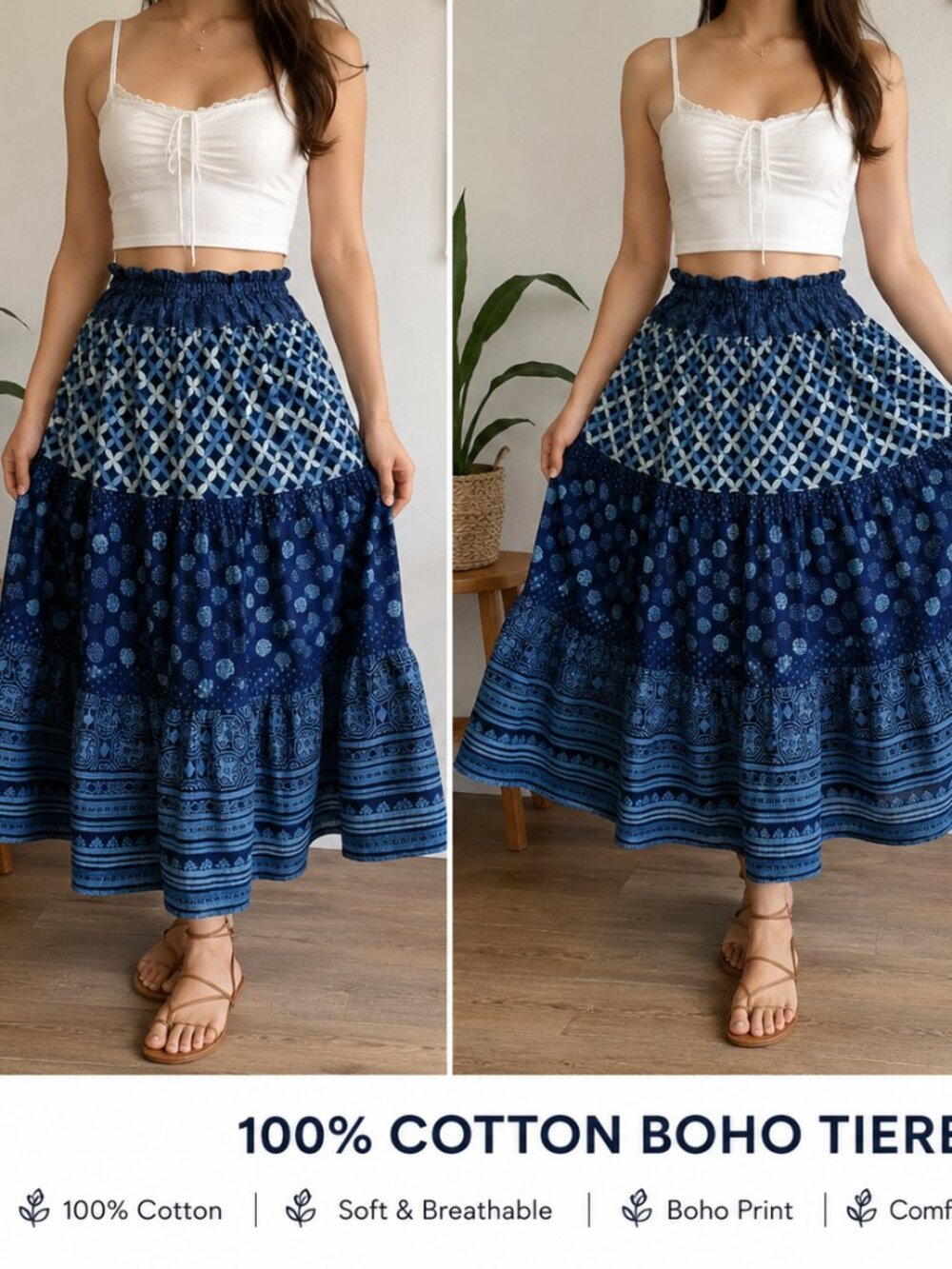 Blue 100% Cotton Tiered Boho Skirt Elastic Waist One Size